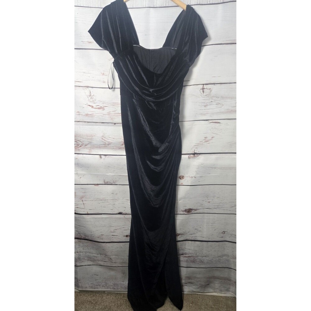House Of Chic Womens Dress 2XL Black Velvet Off Shoulder Bodycon Side Slit